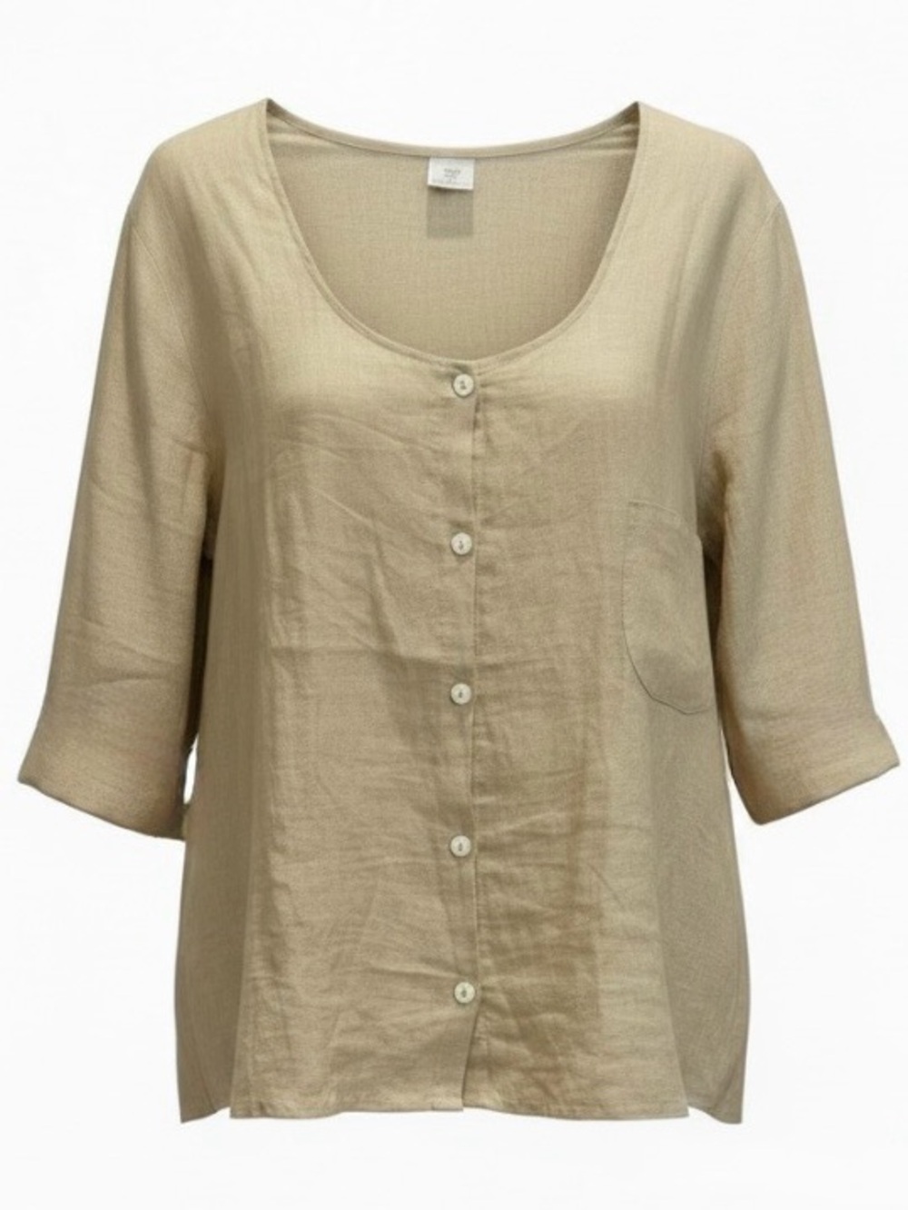 Simples Wear Beige Scoop Neck 100% Linen 3/4 Sleeve Button Front Relaxed Fit Top